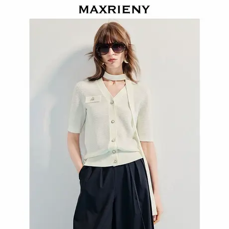 【奥莱】MAXRIENY千金风宽松v领飘带毛针织衫上衣女图片