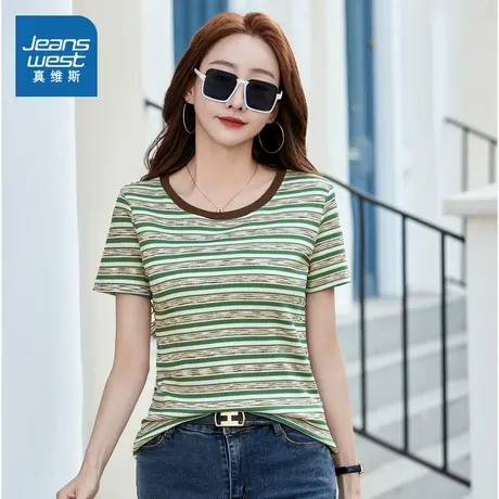 VO真维斯女装 2025秋季新款女款美式复古条纹印花款百搭针织上衣商品大图