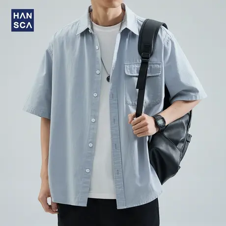 hansca工装短袖衬衫男士夏季纯棉重磅复古高级感休闲潮流翻领外套商品大图