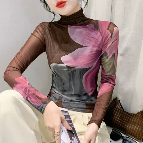 欧货女装加绒秋冬新款T恤时尚长袖半高领网纱t恤女印花内塔上衣潮图片