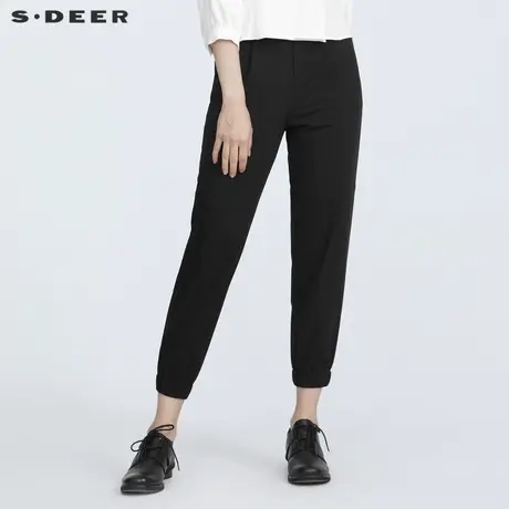 sdeer圣迪奥女装时尚腰带松紧拼接压褶黑色休闲九分裤S21260821图片