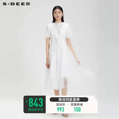 sdeer圣迪奥甜美圆领收腰网纱泡泡袖连衣裙S232Z12C5商品大图