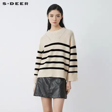 sdeer圣迪奥女装罗纹圆领镂空条纹长袖针织衫S21463550图片