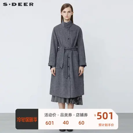 sdeer圣迪奥女装时尚立领撞色字母收腰格纹毛呢大衣S21461823图片