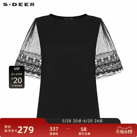 sdeer圣迪奥女装25年新品田园风圆领绣花网纱短袖T恤S252Z0109图片