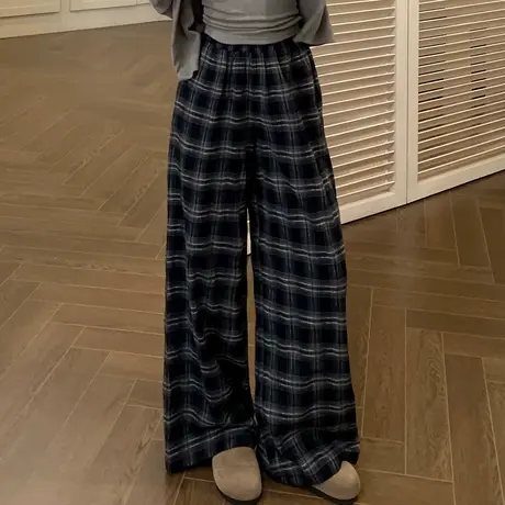 尔给初秋休闲阔腿格子裤女拖地显瘦高腰百搭复古宽松垂感直筒裤商品大图