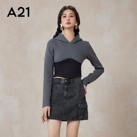A21女装春秋季针织合体连帽短装无绒底卫衣通勤百搭商品大图