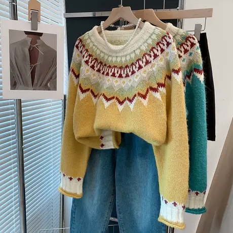 圆领毛衣女加厚打底衫2025春秋冬新款宽松慵懒风针织衫内搭上衣潮商品大图