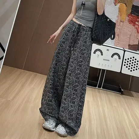 复古灰色印花阔腿裤女2025年夏季新款高腰时尚宽松气质休闲直筒裤商品大图