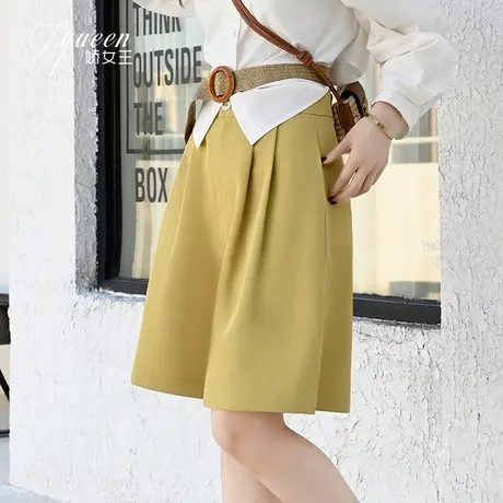 芥末色短裤女夏季新款高腰显瘦五分裤休闲百搭直筒裤a字阔腿中裤商品大图