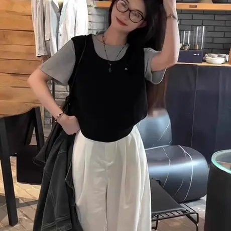 假两件撞色针织衫正肩短袖t恤女夏季设计感小众气质独特漂亮上衣图片