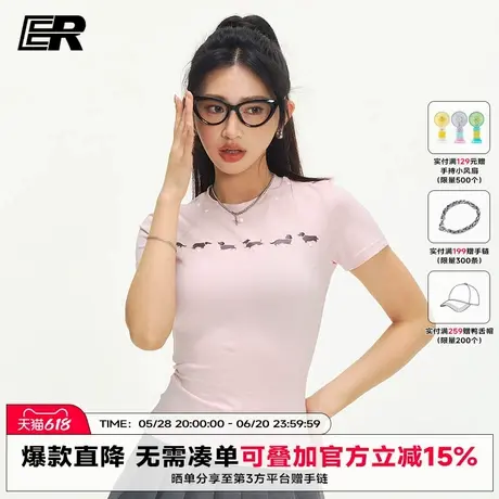 ER美式正肩短袖T恤女夏珍珠卡通印花修身短款小个子辣妹体恤上衣图片