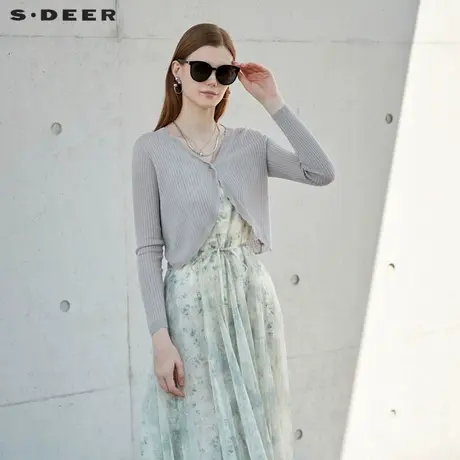 sdeer圣迪奥女装慵懒文艺罗纹V领开衫针织衫S23283513图片