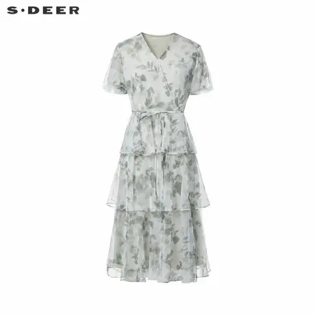 sdeer圣迪奥女装V领印花收腰网纱泡泡袖连衣裙S242Z12H3商品大图