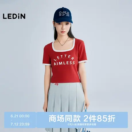 【商场同款】乐町字母印花短袖T恤夏季新款撞边方领上衣C2CNF2502图片