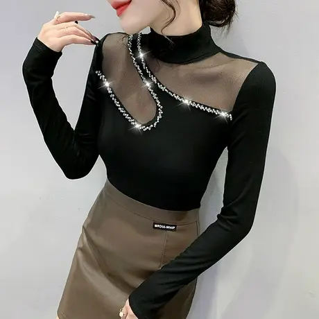 时尚烫钻长袖T恤性感镂空小衫网纱拼接上衣紧身内搭打底衫女秋冬商品大图