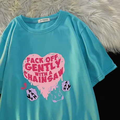 纯棉爱心短袖T恤女印花白T情侣装百搭宽松oversize原宿风上衣女夏图片