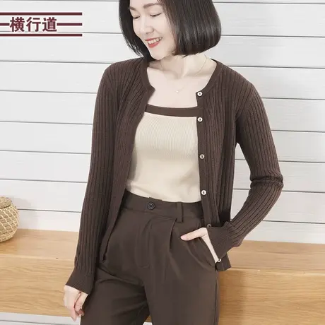 2025春季新款纯色简约圆领排扣坑条针织开衫女外搭上衣大码妈妈装图片