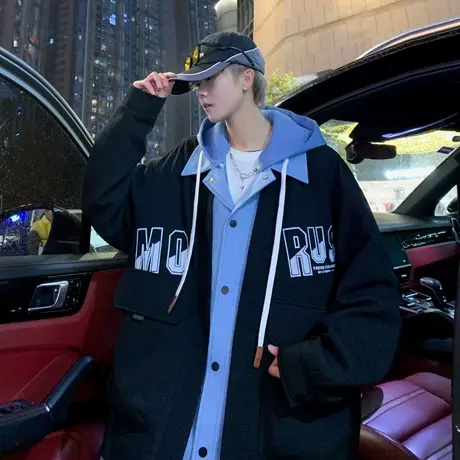 撞色外套春秋款2025年新款连帽夹克男潮牌青少年休闲宽松工装褂子图片