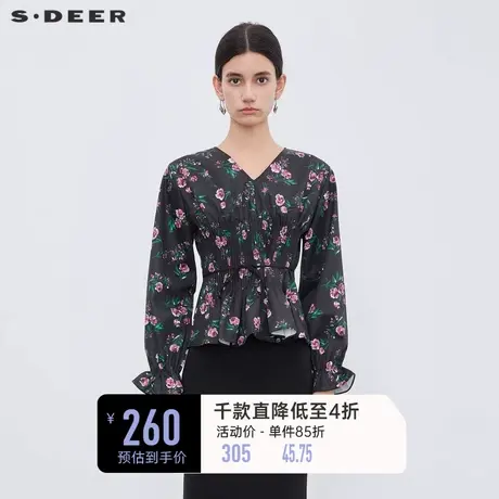 sdeer圣迪奥女装V领风琴褶碎花收腰长袖衬衫S233Z0575🏅商品大图