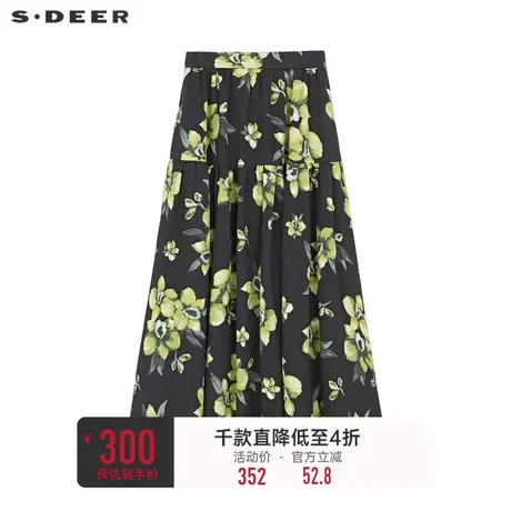 sdeer圣迪奥女装复古印花碎褶不规则A字伞裙S233Z1151🏕商品大图