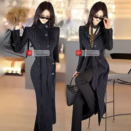 秋冬季欧货条纹修身大衣女装新款收腰显瘦中长款过膝厚外套商品大图