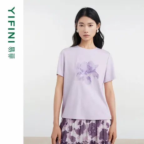 [专柜同款]Yifini/易菲时尚百搭珠片印花绣花针织T恤女宽松上衣图片