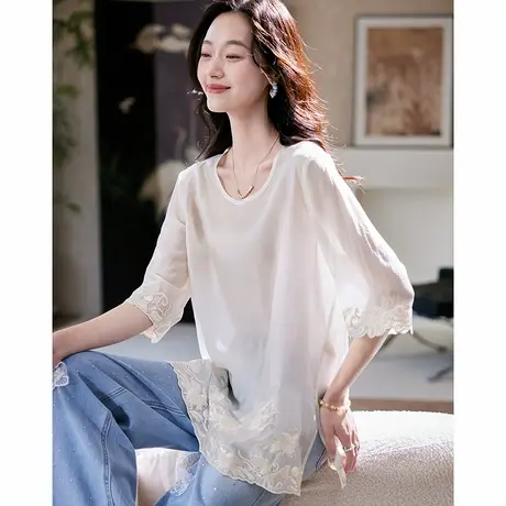 宝诗黎圆领刺绣镂空短袖雪纺衫2025夏季时尚宽松简约薄款气质小衫商品大图