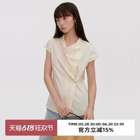 omont蛋挞家复古设计斜门襟荡领短袖衬衫2025夏小众修身显瘦上衣商品大图