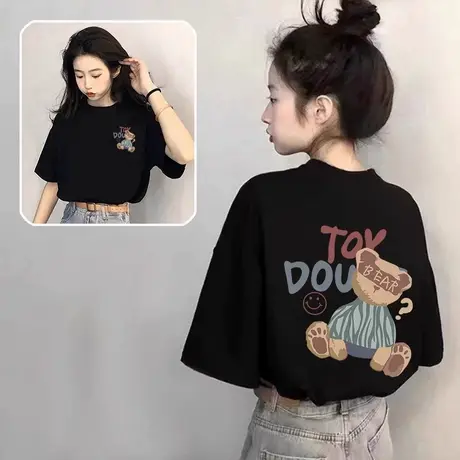 爆款黑色纯棉卡通短袖t恤女2025夏季新款宽松百搭设计感小众上衣商品大图