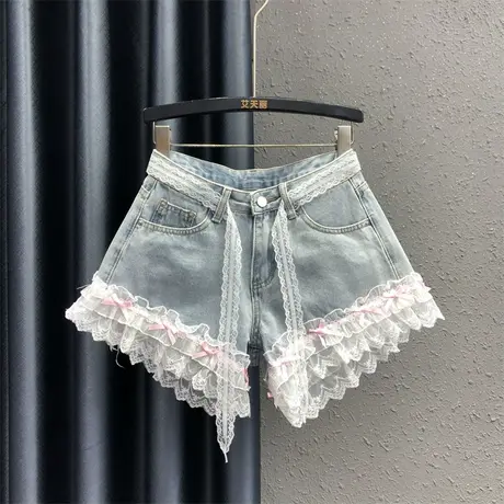 甜美蕾丝花边拼接牛仔短裤女2025年夏季新款高腰显瘦浅色A字热裤商品大图