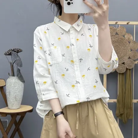 夏季文艺小清新双层棉纱五分袖衬衫女宽松百搭休闲中袖上衣防晒衫商品大图