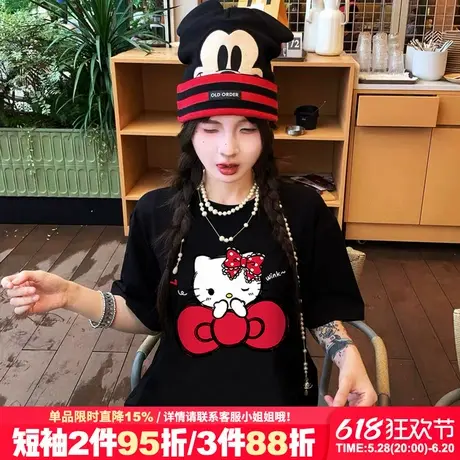 韩系甜酷风Kitty猫卡通印花黑色短袖t恤女夏季宽松显瘦正肩上衣潮商品大图