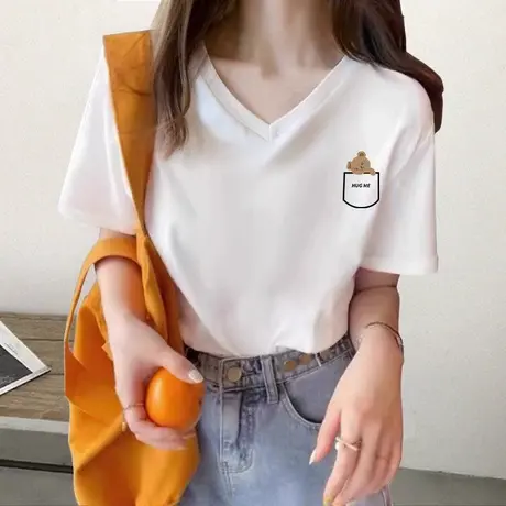 夏季国潮学院风T恤女胖mm大码宽松V领短袖ins潮纯棉小众别致上衣图片