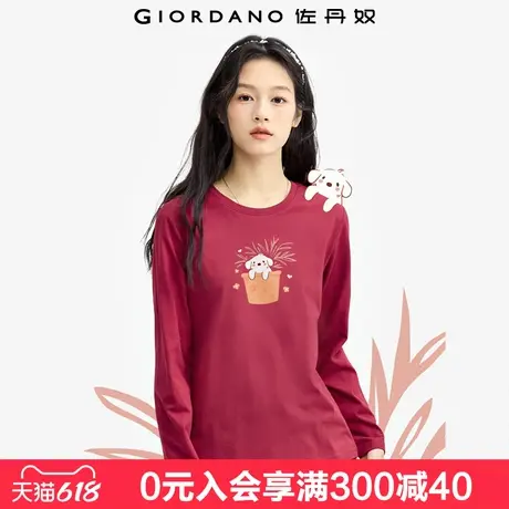 佐丹奴联名T恤女新款纯棉可爱减龄印花圆领长袖打底衫女99394331图片