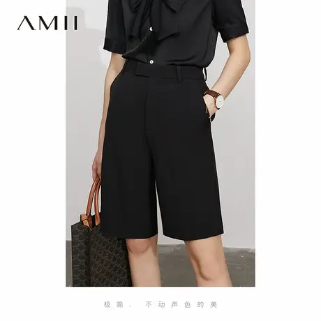 Amii2025夏季新款仿醋酸五分裤女黑色中裤休闲直筒裤高腰西装短裤商品大图