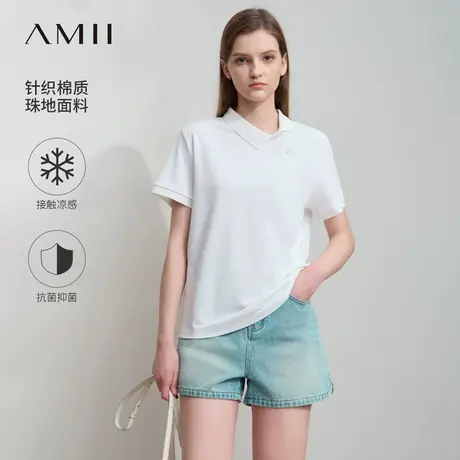 Amii2025夏新款休闲不对称POLO领短袖T恤女珠地棉轻运动上衣图片