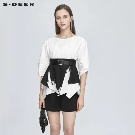 sdeer圣迪奥女装夏装圆领撞色印花收腰中袖衬衫S21280408图片