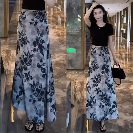 拉夏贝尔新中式国风水墨半身裙女夏季2025新款高级感气质包臀长裙商品大图