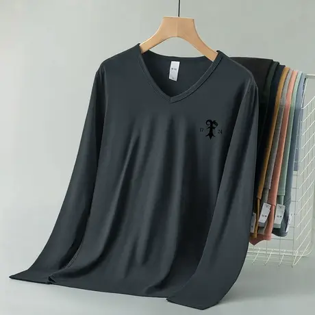莫代尔长袖t恤男装秋冬潮流字母印花秋衣服内搭V领打底衫潮牌体恤商品大图