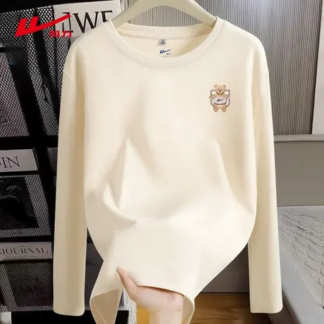 回力杏色纯棉长袖t恤打底衫女2025春秋季新款宽松内搭可外穿上衣图片