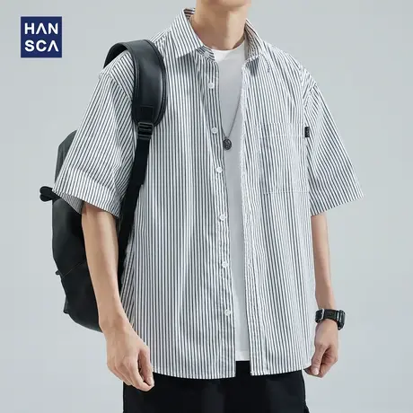 hansca夏季条纹短袖衬衫男士潮牌设计感重磅水洗宽松休闲痞帅外套商品大图
