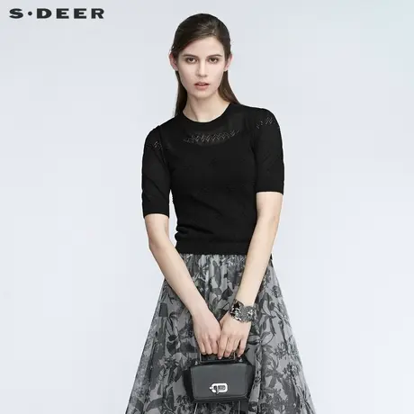 sdeer圣迪奥女装休闲罗纹圆领镂空针织短袖毛衣S21163511图片