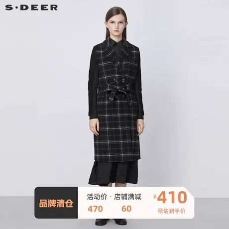 sdeer圣迪奥女装西装领撞色格纹收腰长款毛呢马甲S21481613🙎商品大图