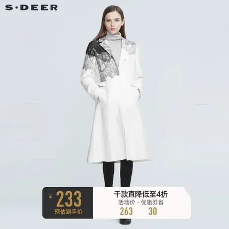 sdeer圣迪奥冬季休闲平驳领蕾丝拼接白色长款毛呢大衣女S20481848图片