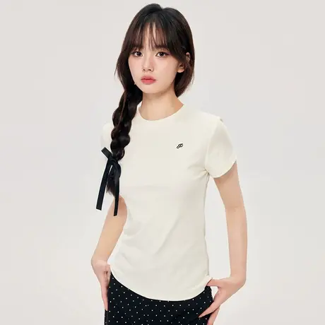 尔给白色正肩短袖女t恤夏2024新款减龄小众别致显瘦美式短款上衣商品大图