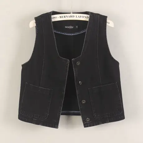 牛仔马甲女背心高腰超短款春秋新款无袖修身休闲黑色U型领小外搭商品大图