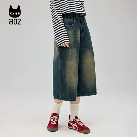 a02a02复古做旧水洗牛仔七分短裤高腰裤子女2025春季新款挺括下装商品大图