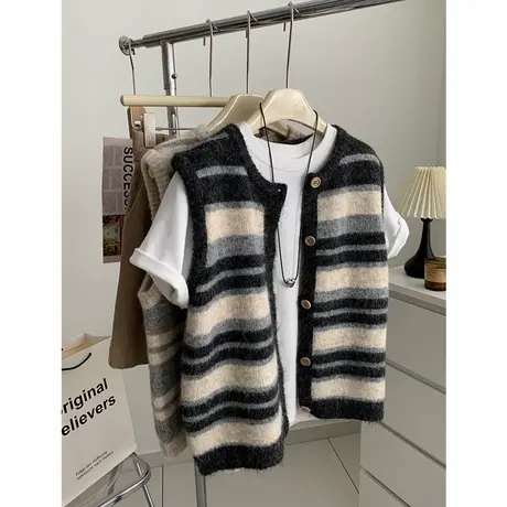 减龄复古条纹叠穿背心女宽松时髦百搭显瘦圆领开衫秋冬无袖坎肩潮商品大图