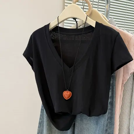 纯色V领短袖T恤女夏季宽松韩版薄款简约打底衫bf慵懒风半袖上衣服商品大图